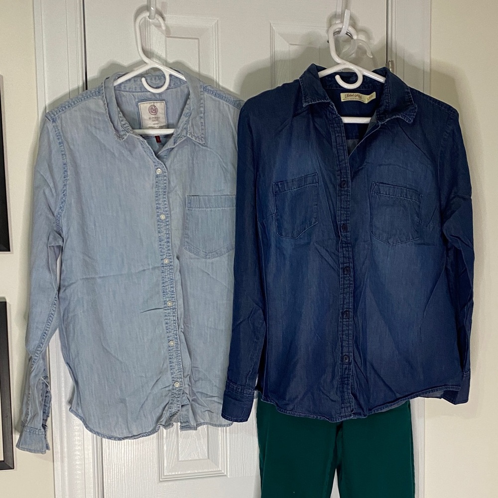 SO Denim Shirts - Light and Dark Blue and Green Denim Skinny Jeans. Size L.